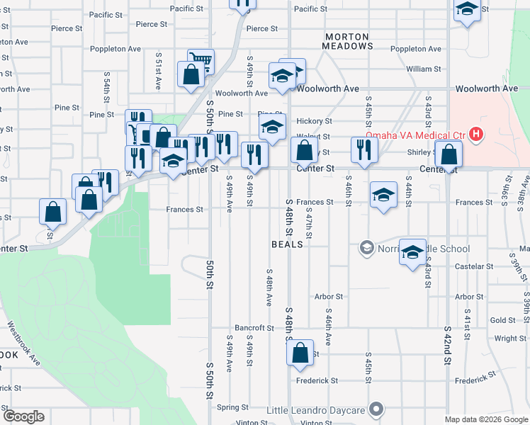 map of restaurants, bars, coffee shops, grocery stores, and more near 2103 South 48th Avenue in Omaha