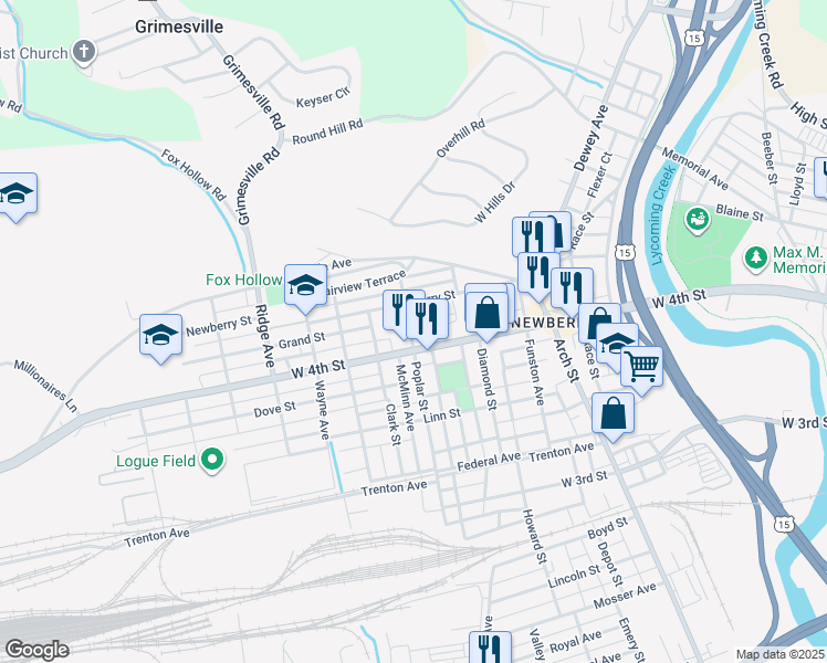 map of restaurants, bars, coffee shops, grocery stores, and more near 910 Poplar Street in Williamsport