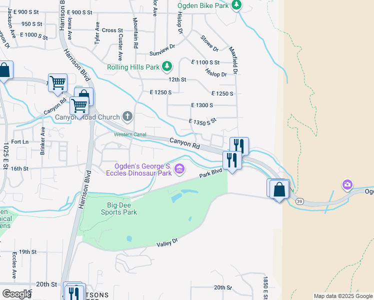 map of restaurants, bars, coffee shops, grocery stores, and more near 1581 Canyon Road in Ogden