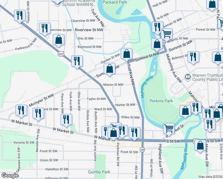 map of restaurants, bars, coffee shops, grocery stores, and more near 718 Hillsdale Dr NW in Warren