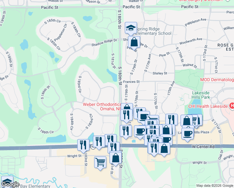 map of restaurants, bars, coffee shops, grocery stores, and more near 2113 South 181st Circle in Omaha