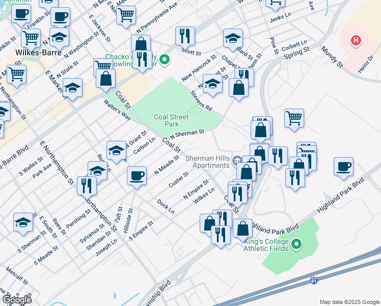 map of restaurants, bars, coffee shops, grocery stores, and more near 272 Coal Street in Wilkes-Barre