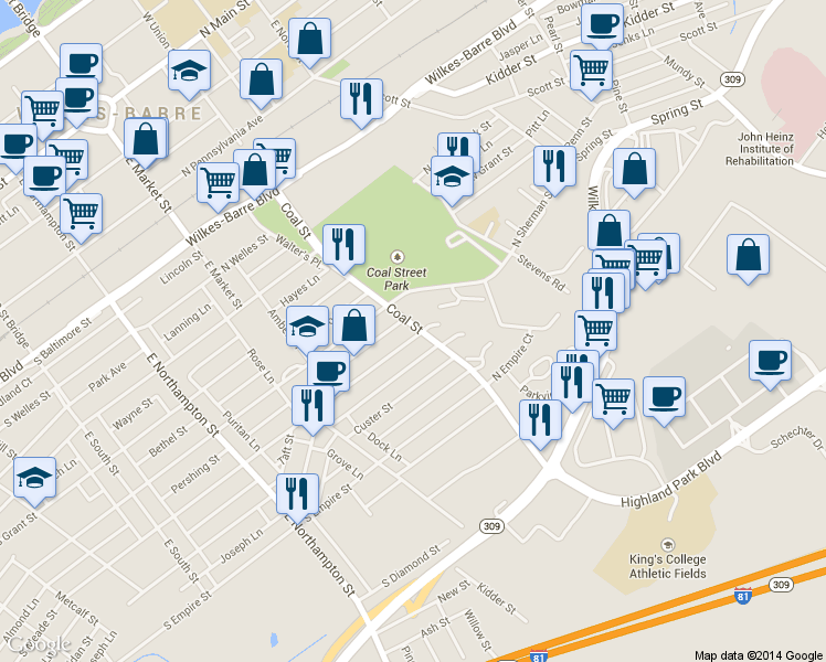 map of restaurants, bars, coffee shops, grocery stores, and more near 123 North Fulton Street in Wilkes-Barre