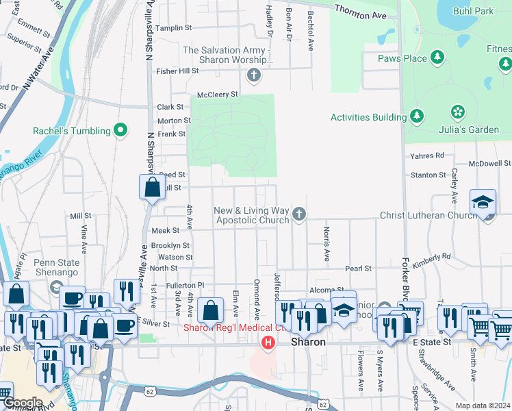 map of restaurants, bars, coffee shops, grocery stores, and more near 470 Ormond Avenue in Sharon