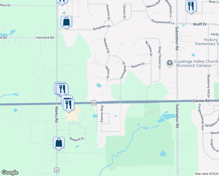 map of restaurants, bars, coffee shops, grocery stores, and more near 4953 Salton Drive in Brunswick
