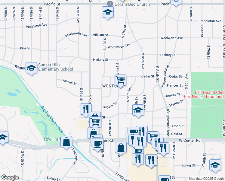 map of restaurants, bars, coffee shops, grocery stores, and more near 2105 South 87th Avenue in Omaha