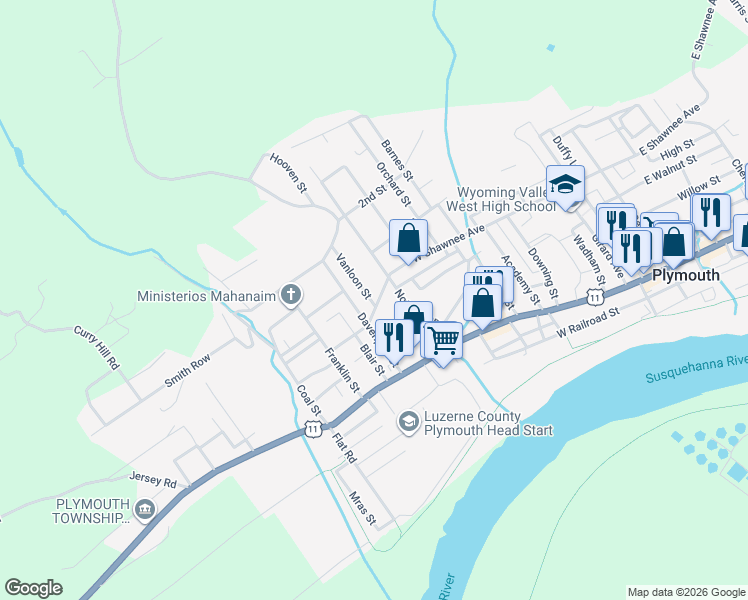 map of restaurants, bars, coffee shops, grocery stores, and more near 141 Vanloon Street in Plymouth