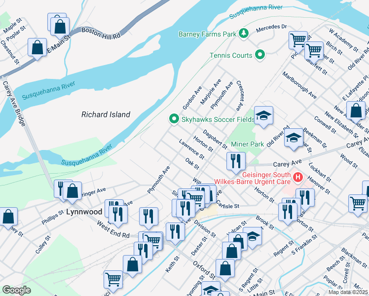 map of restaurants, bars, coffee shops, grocery stores, and more near 121 Oak Street in Wilkes-Barre