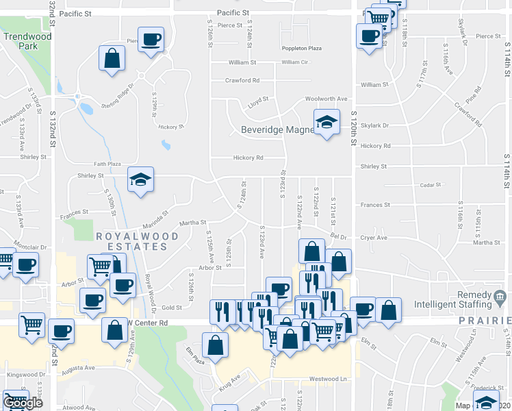 map of restaurants, bars, coffee shops, grocery stores, and more near 2104 South 123rd Avenue in Omaha