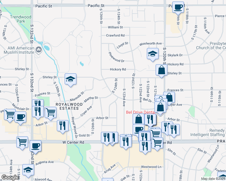 map of restaurants, bars, coffee shops, grocery stores, and more near 12406 Bel Drive in Omaha