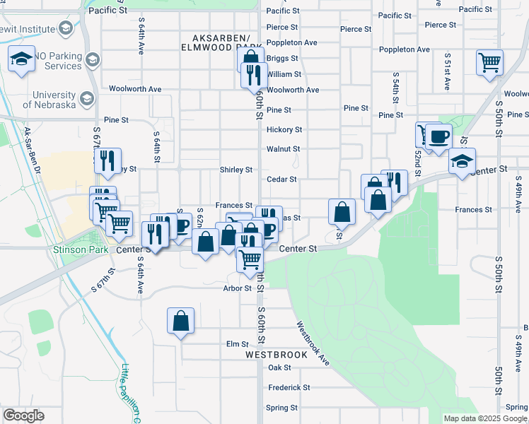 map of restaurants, bars, coffee shops, grocery stores, and more near 2121 South 60th Street in Omaha