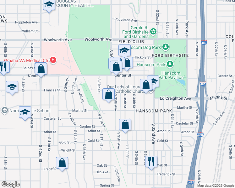 map of restaurants, bars, coffee shops, grocery stores, and more near 2109 South 35th Avenue in Omaha