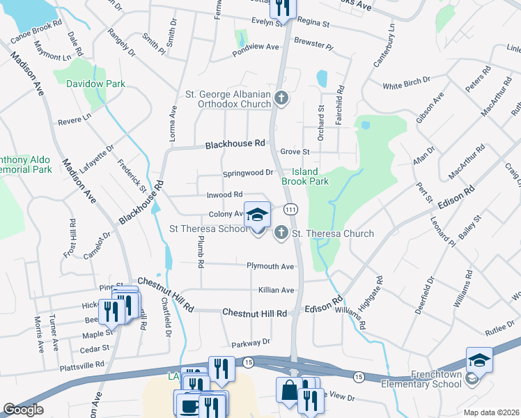 map of restaurants, bars, coffee shops, grocery stores, and more near 42 Colony Avenue in Trumbull