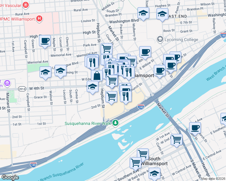 map of restaurants, bars, coffee shops, grocery stores, and more near 240 West 3rd Street in Williamsport