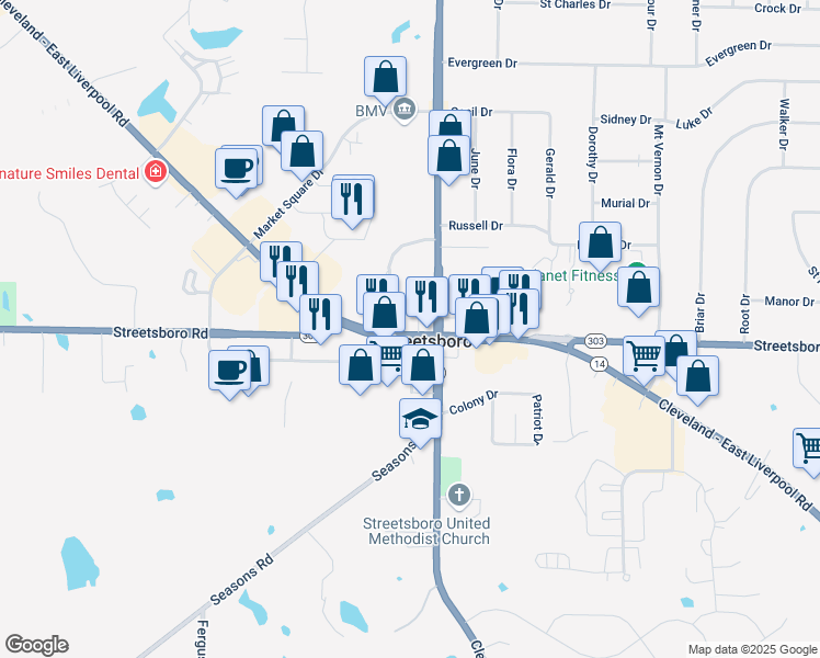 map of restaurants, bars, coffee shops, grocery stores, and more near 9292 Cleveland - East Liverpool Road in Streetsboro
