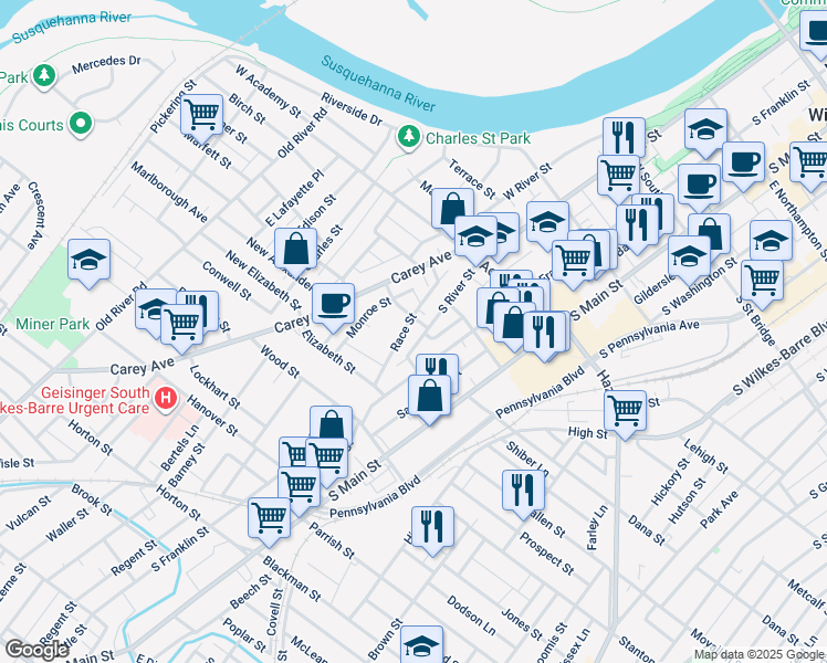 map of restaurants, bars, coffee shops, grocery stores, and more near 507 South River Street in Wilkes-Barre