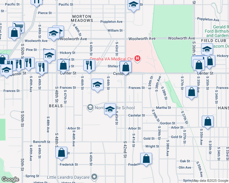 map of restaurants, bars, coffee shops, grocery stores, and more near 2112 South 43rd Street in Omaha