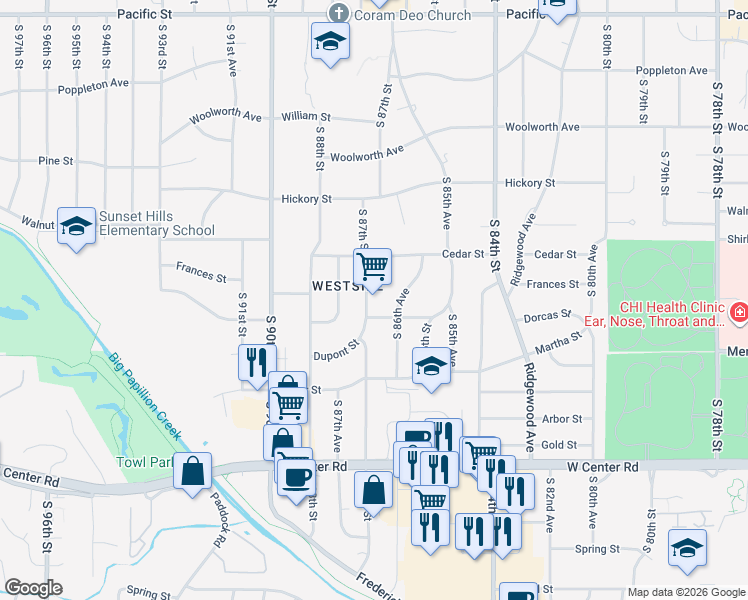 map of restaurants, bars, coffee shops, grocery stores, and more near 2105 South 87th Street in Omaha