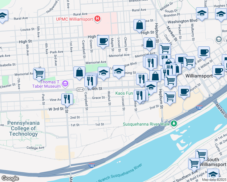 map of restaurants, bars, coffee shops, grocery stores, and more near 619 West 4th Street in Williamsport