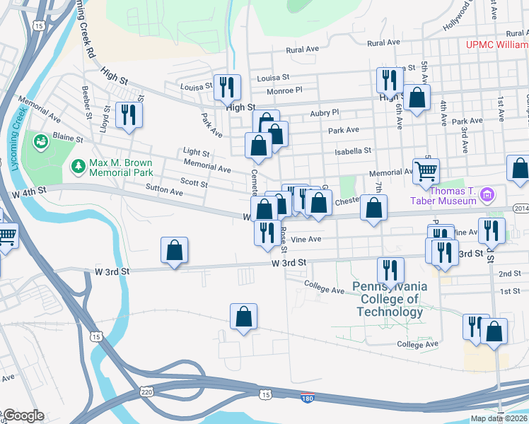 map of restaurants, bars, coffee shops, grocery stores, and more near in Williamsport