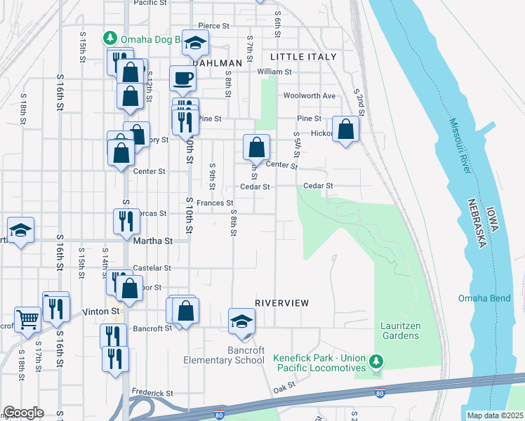map of restaurants, bars, coffee shops, grocery stores, and more near 616 Dorcas Street in Omaha