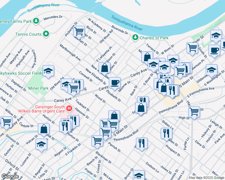 map of restaurants, bars, coffee shops, grocery stores, and more near 31 Alexander Street in Wilkes-Barre