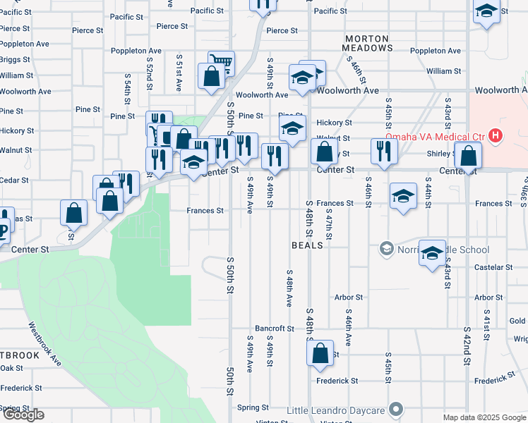 map of restaurants, bars, coffee shops, grocery stores, and more near 2102 South 49th Street in Omaha