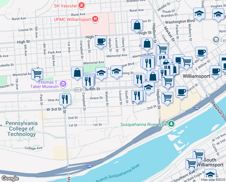 map of restaurants, bars, coffee shops, grocery stores, and more near 619 West 4th Street in Williamsport