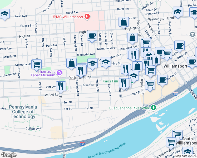 map of restaurants, bars, coffee shops, grocery stores, and more near 619 West 4th Street in Williamsport
