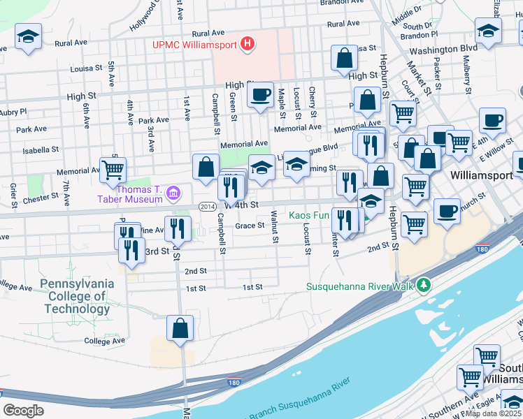 map of restaurants, bars, coffee shops, grocery stores, and more near 709 Rowley Place in Williamsport