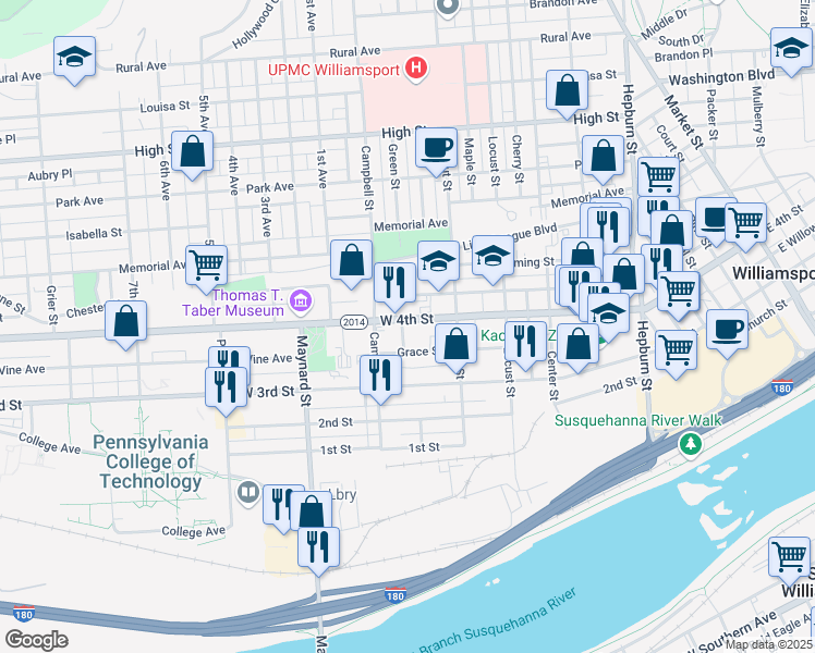 map of restaurants, bars, coffee shops, grocery stores, and more near 755 West 4th Street in Williamsport