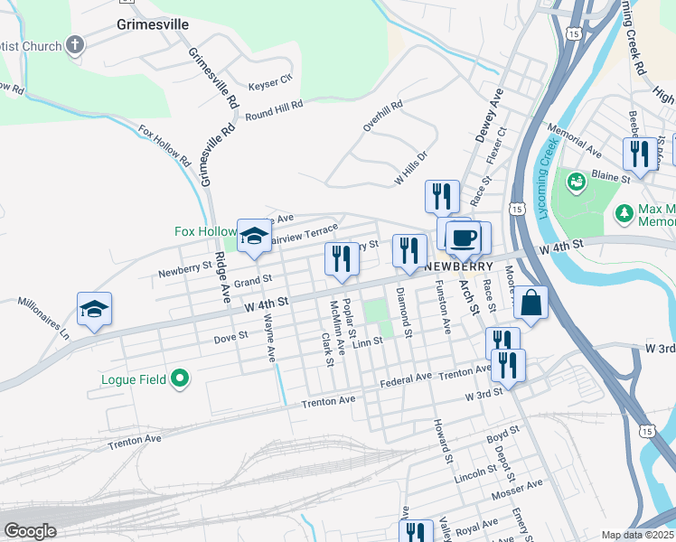 map of restaurants, bars, coffee shops, grocery stores, and more near 910 Poplar Street in Williamsport