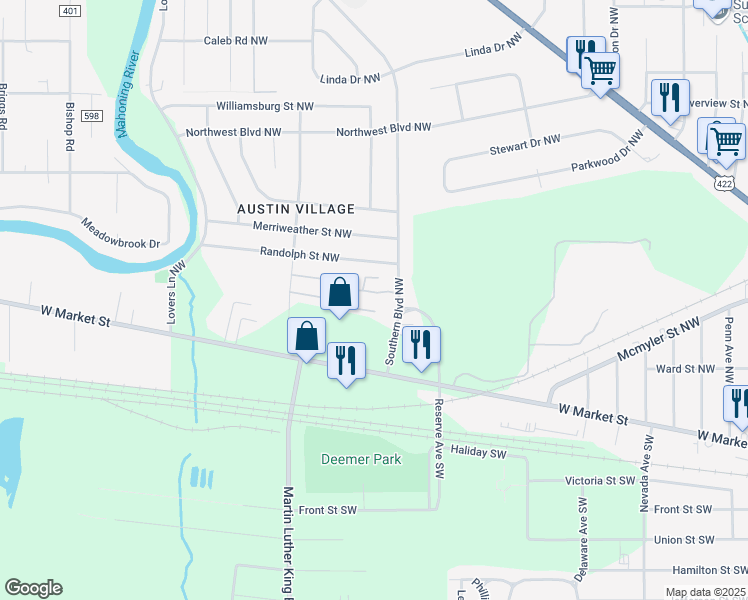 map of restaurants, bars, coffee shops, grocery stores, and more near 425 Southern Boulevard Northwest in Warren