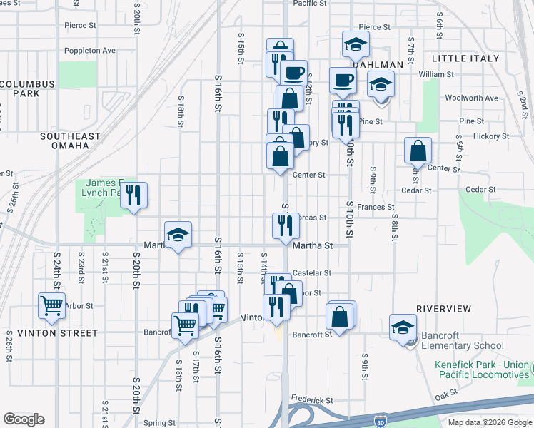 map of restaurants, bars, coffee shops, grocery stores, and more near 1310 Dorcas Street in Omaha