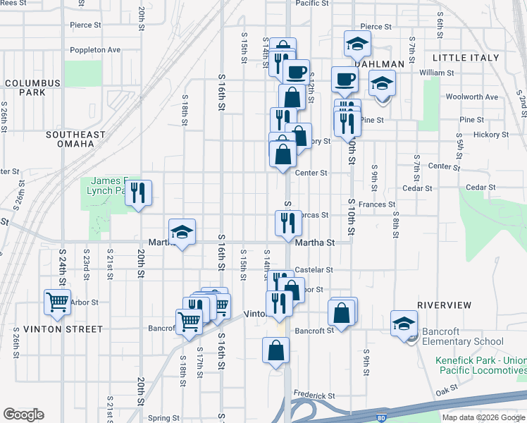 map of restaurants, bars, coffee shops, grocery stores, and more near 1420 Dorcas Street in Omaha