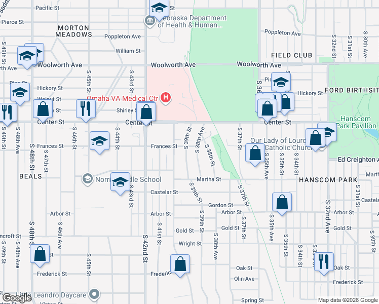 map of restaurants, bars, coffee shops, grocery stores, and more near 2110 South 38th Avenue in Omaha