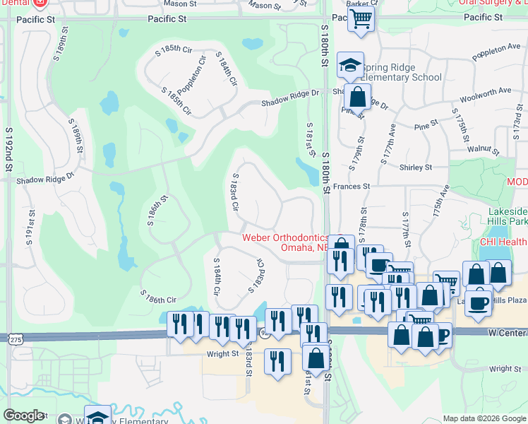 map of restaurants, bars, coffee shops, grocery stores, and more near 2042 South 182nd Circle in Omaha