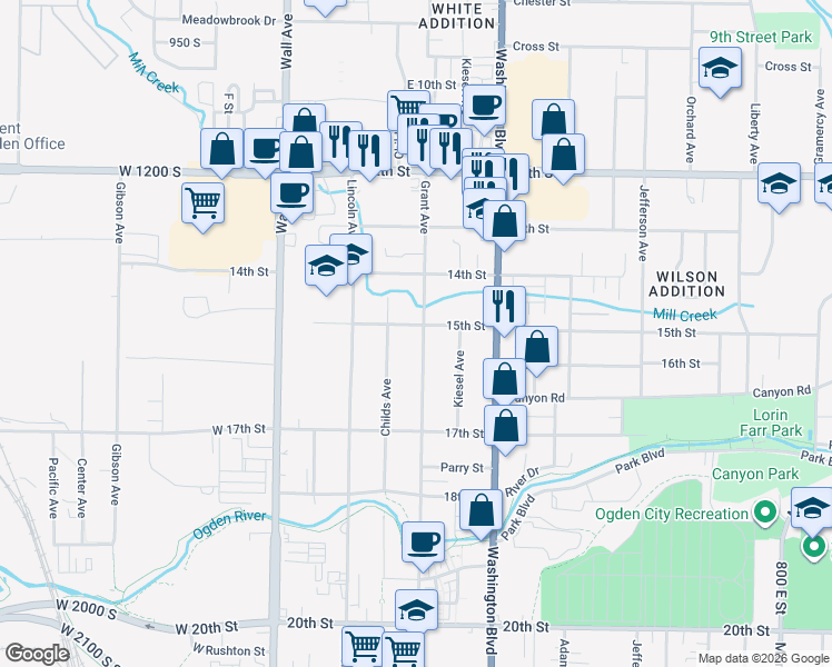 map of restaurants, bars, coffee shops, grocery stores, and more near 1509 Grant Avenue in Ogden