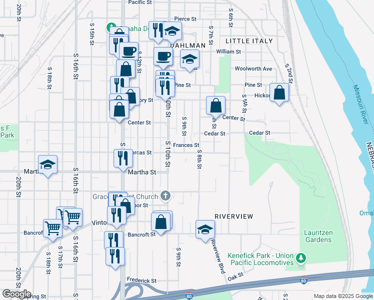 map of restaurants, bars, coffee shops, grocery stores, and more near 2109 South 9th Street in Omaha
