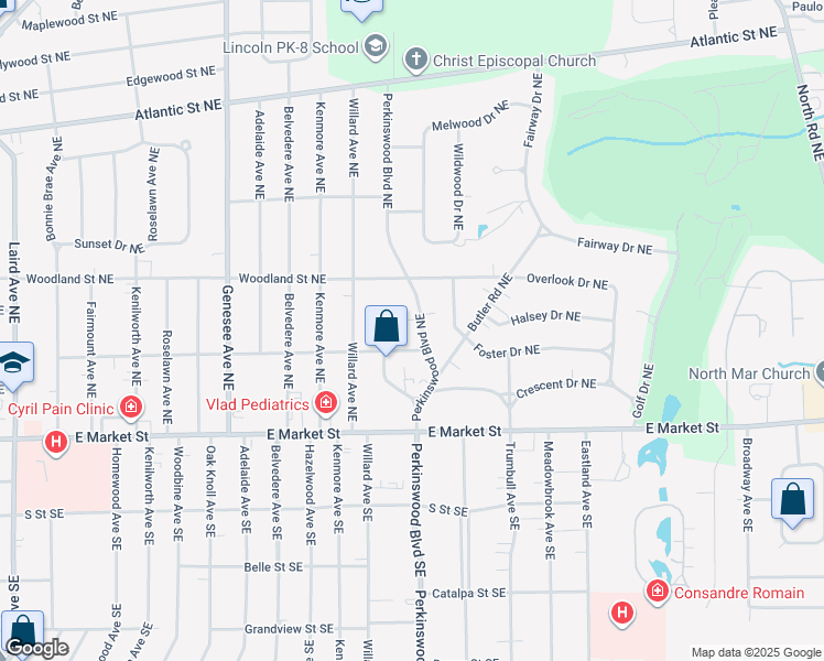 map of restaurants, bars, coffee shops, grocery stores, and more near 339 Perkinswood Boulevard Northeast in Warren