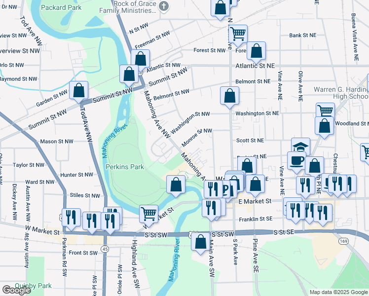 map of restaurants, bars, coffee shops, grocery stores, and more near 380 Mahoning Avenue in Niles