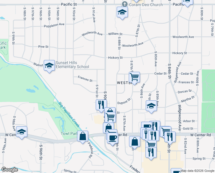 map of restaurants, bars, coffee shops, grocery stores, and more near 2105 S 90th St in Omaha