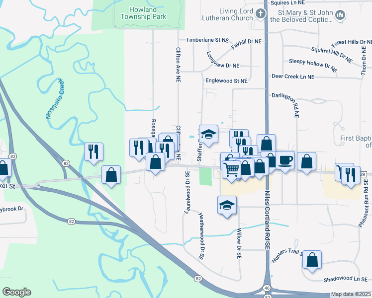 map of restaurants, bars, coffee shops, grocery stores, and more near 160 Clifton Avenue Northeast in Warren