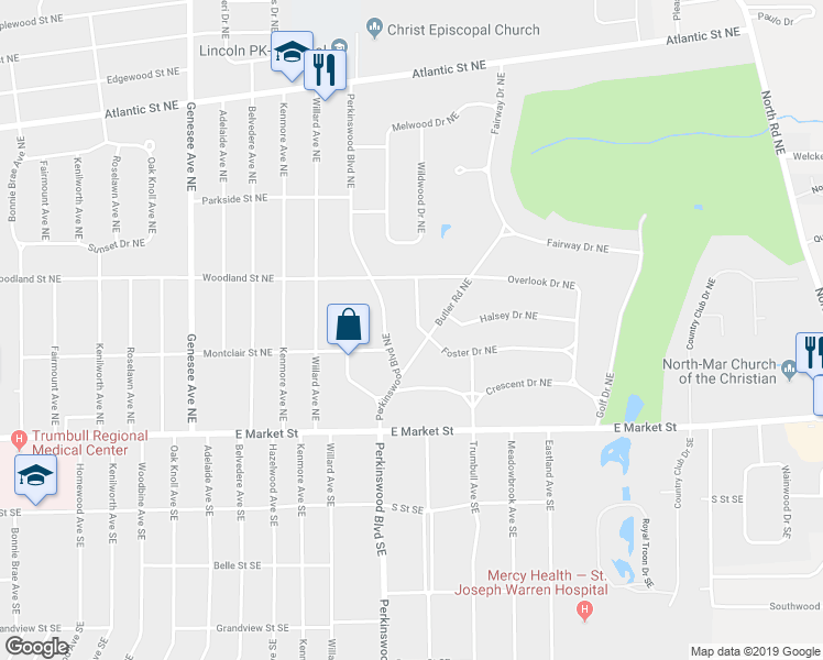 map of restaurants, bars, coffee shops, grocery stores, and more near 325 Foster Drive Northeast in Warren