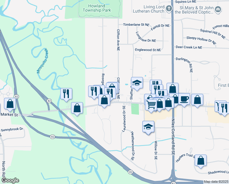 map of restaurants, bars, coffee shops, grocery stores, and more near 160 Clifton Avenue Northeast in Warren