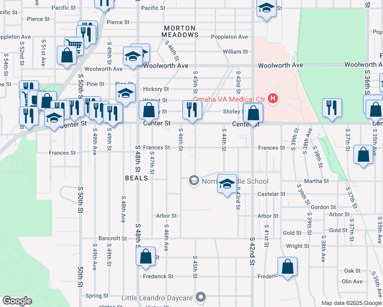 map of restaurants, bars, coffee shops, grocery stores, and more near 2108 South 45th Street in Omaha