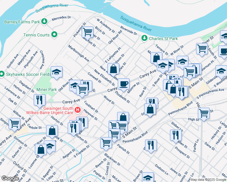 map of restaurants, bars, coffee shops, grocery stores, and more near 200-1-4 Carey Ave in Wilkes-Barre