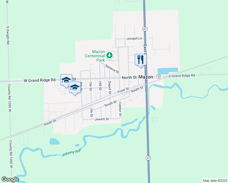 map of restaurants, bars, coffee shops, grocery stores, and more near 604 Front Street in Mazon