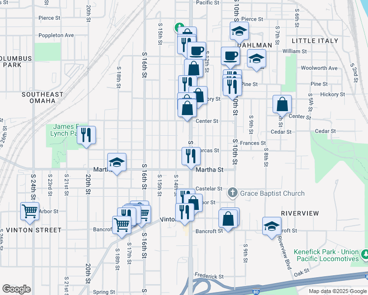 map of restaurants, bars, coffee shops, grocery stores, and more near 1310 Dorcas Street in Omaha