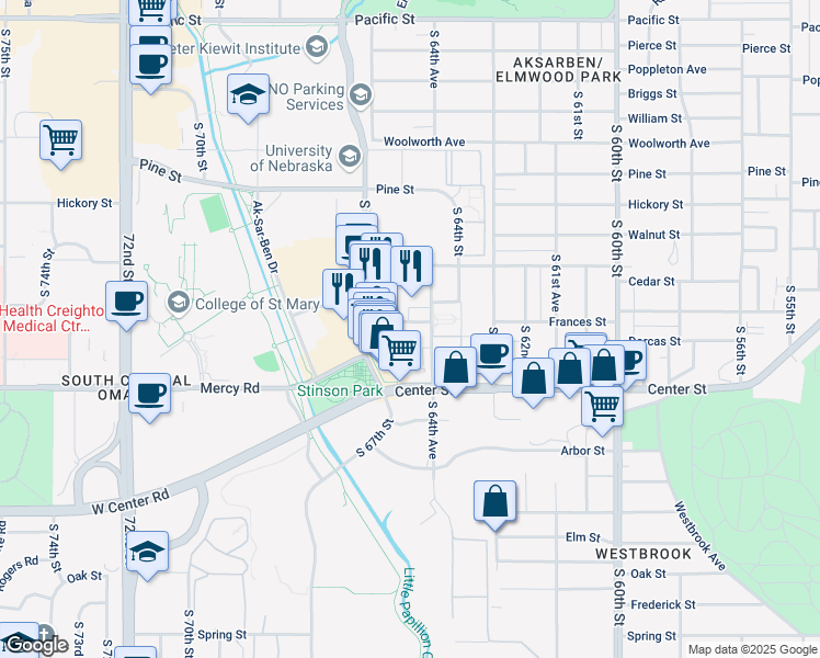 map of restaurants, bars, coffee shops, grocery stores, and more near 6457 Frances Street in Omaha